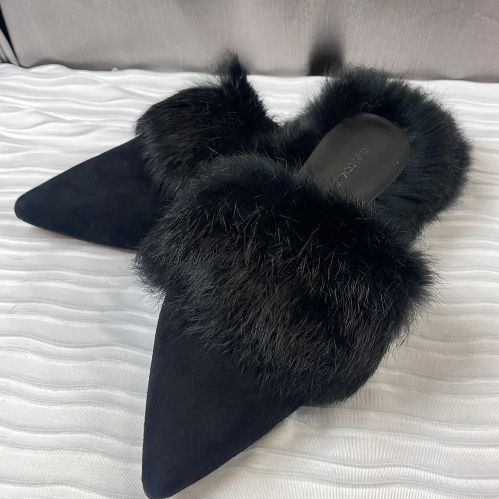Rebecca Minkoff Rafferty Mules with fur. Black kid suede/ Rabbit Fur. Size 7.5 M - Picture 9 of 9